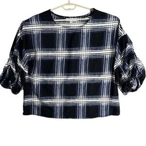 Maggie Max Women Boxy Top Plus 1X Blue Gray White Plaid Academia Preppy